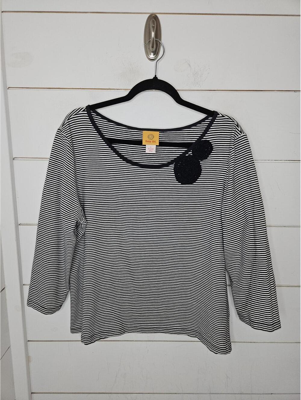 Ruby Rd. XL black & white striped with rosettes 3/4 sleeve tee shirt